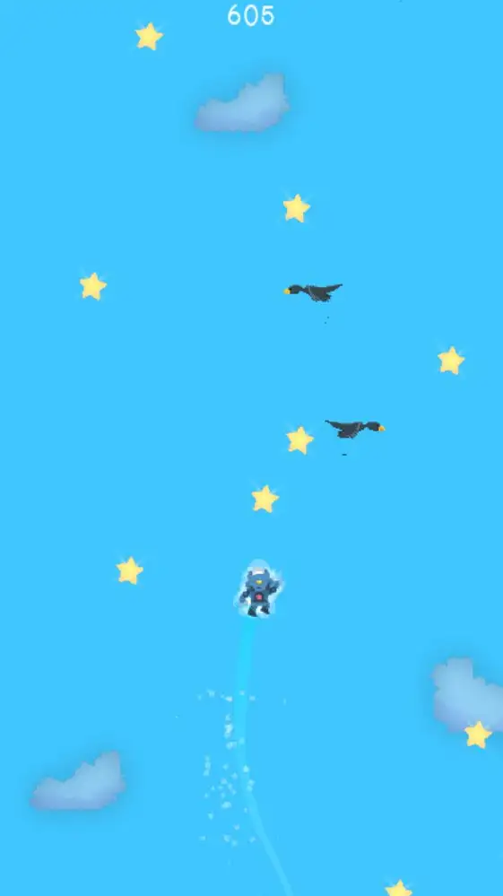 A gameplay screenshot of an animated robot jumping upward from a star